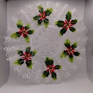 60s 70s Plastic Table Doily Poinsettia Holly Flower Vintage Tablescape Christmas